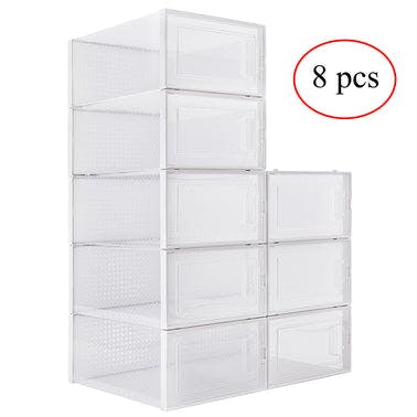 Pack of 8 Transparent and White Shoe Storage Organizers, Stackable Clear Plastic Boxes for Closet, Sneakers