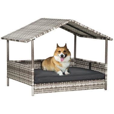 Wicker Dog House Outdoor with Canopy, Rattan Dog Bed with Water-resistant Cushion, for Small and Medium Dogs, Cream