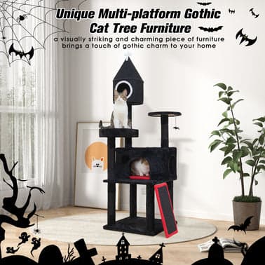 Gothic Cat Tree with Coffin Bed, 64in Black Cat Tower with Condo, Platform, Sisal Scratching Posts, Perch, Ramp, Toy, Cat Furniture, Cat House for Indoor Cats