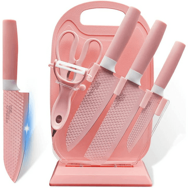 Kitchen Knife Set, Caliamary Fish Scales Non-stick Chef Knife Set with Cutting Board and Acrylic Stand, Stainless Steel Sharp Cooking Knives with Gift Box (Pink)