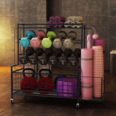 Yoga Mat Holder, Yoga Mat Storage Rack, Home Gym Storage With Hooks and Wheels ,Black
